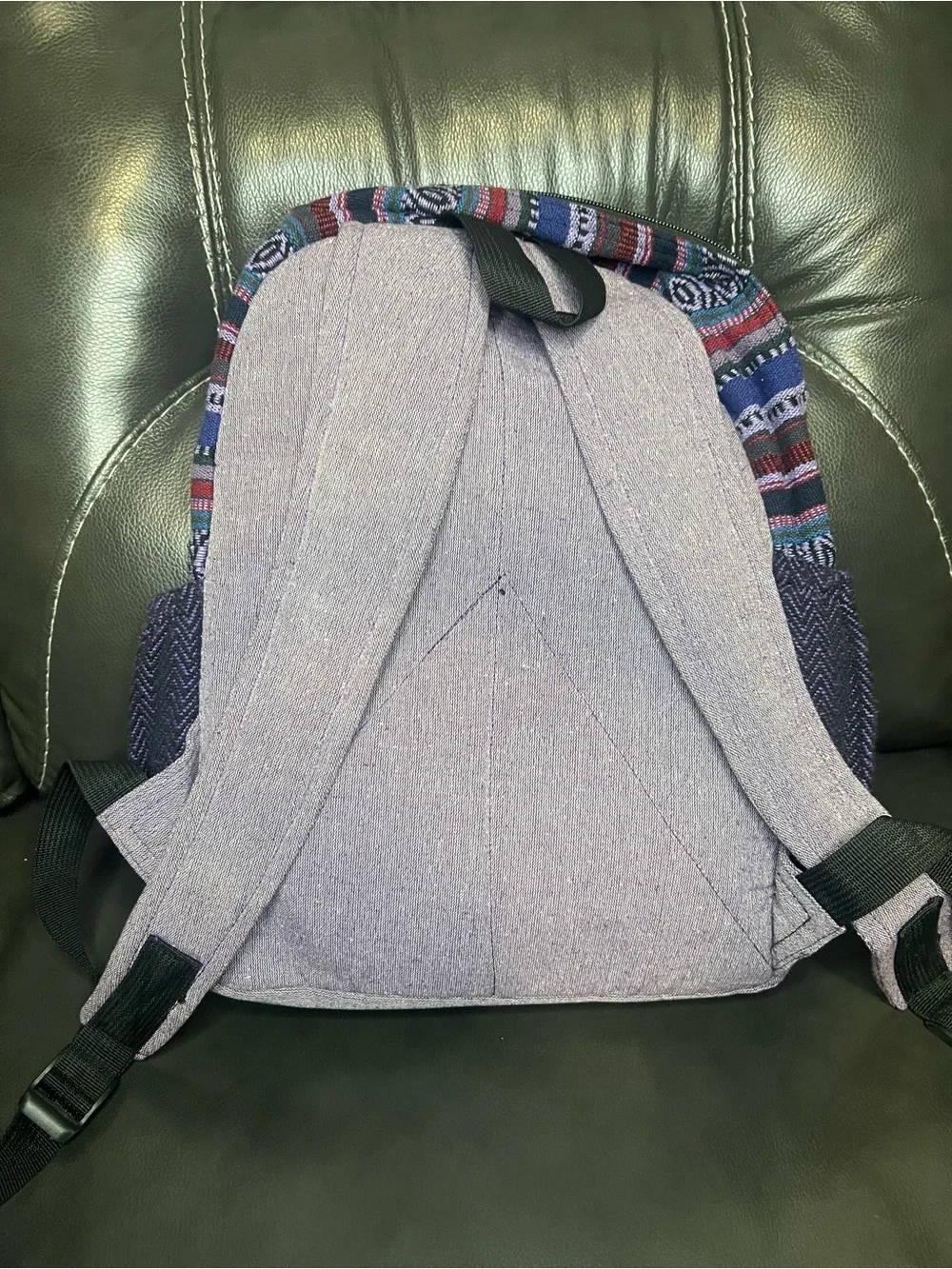 Multicolor Striped & Patchwork Backpack with Purple Front Pocket